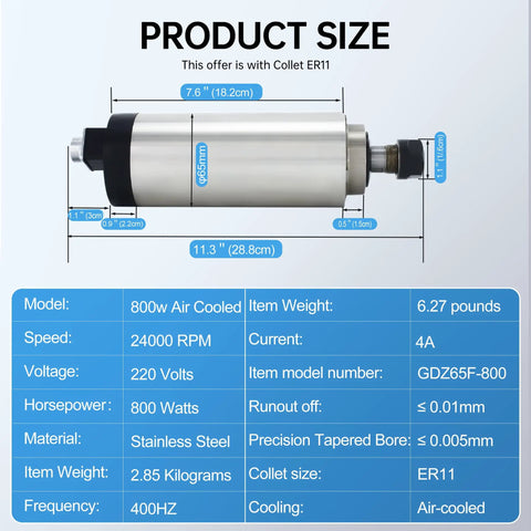Air Cooled 800W CNC Spindle Motor 220V ER11 65mm, 0-24000 RPM, 0-400Hz, product dimensions and specifications chart