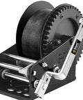 Beefy Heavy Duty Boat Trailer Hand Winch 3500 Lbs With 33 Ft Strap For Lifting And Towing Boats Carbon Steel Build Easy Crank Action Marine Grade Toughness For Dock And Trailer; black steel winch with strap and crank