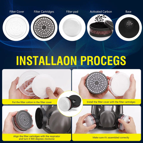 Installation process for Full Face Respirator Mask Reusable Large Gas Mask For Dust And Organic Vapors Formaldehyde And Chemicals Pro Grade Breathing Protection