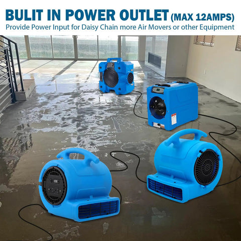 Blue two speed 1/4 HP 1000 CFM air mover with copper motor and roto mold housing on wet floor.