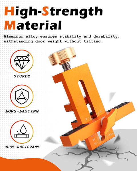 Door Mounting Jig For Cabinets That Lets You Hold Drill And Secure With One Tool No Extra Hands Needed, shown in orange metal.