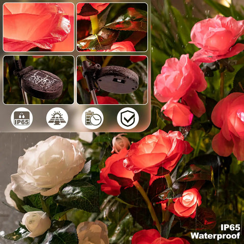 Solar Garden Lights Outdoor 10 Waterproof Fabric Roses 2 Pack Rad Red Led Flower Decorations with IP65 rating