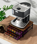 Two Tier K Cup Drawer Organizer For Coffee Pods With 72 Cup Capacity Space Saving Drawer Baskets Sturdy Stackable Coffee Capsule Storage Drawer In Industrial Brown And Black Finish displaying coffee maker on top with K-Cups visible.