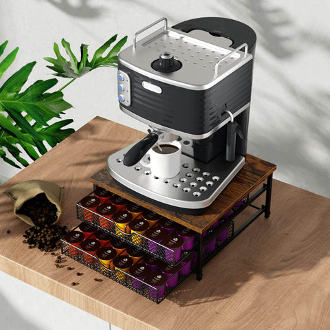 Two Tier K Cup Drawer Organizer For Coffee Pods With 72 Cup Capacity Space Saving Drawer Baskets Sturdy Stackable Coffee Capsule Storage Drawer In Industrial Brown And Black Finish displaying coffee maker on top with K-Cups visible.