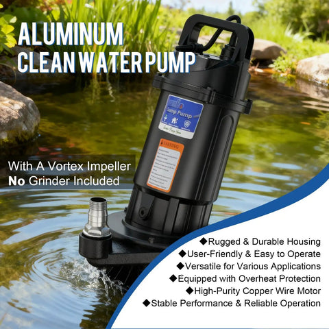 1.0HP Submersible Sump Pump With Automatic Float Switch, High 4200 GPH Flow, aluminum body shown in garden setting