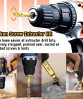 Nine Piece Damaged Screw Extractor Kit For Stripped And Broken Screws With HSS 4341 Titanium Coated Bits in use with drill