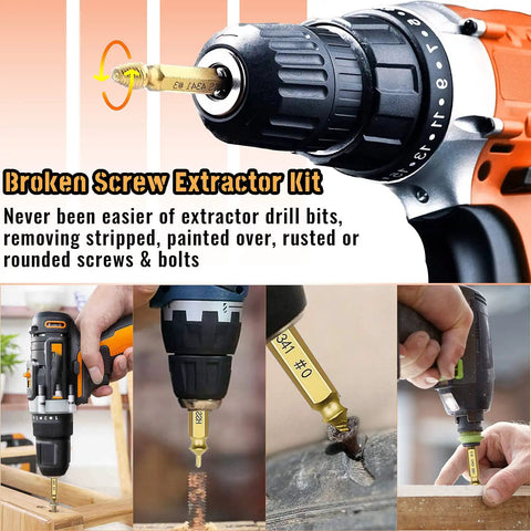 Nine Piece Damaged Screw Extractor Kit For Stripped And Broken Screws With HSS 4341 Titanium Coated Bits in use with drill