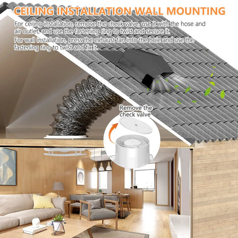 Super Quiet 141 CFM 6 Inch Wall Exhaust Fan With Anti Backflow Check Valve installation guide in modern living room ceiling.