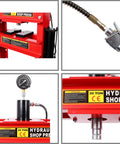 Heavy Duty 30 Ton Air Hydraulic Shop Press With Integrated Gauge showing parts and details, powder-coated red, used for metalworking.