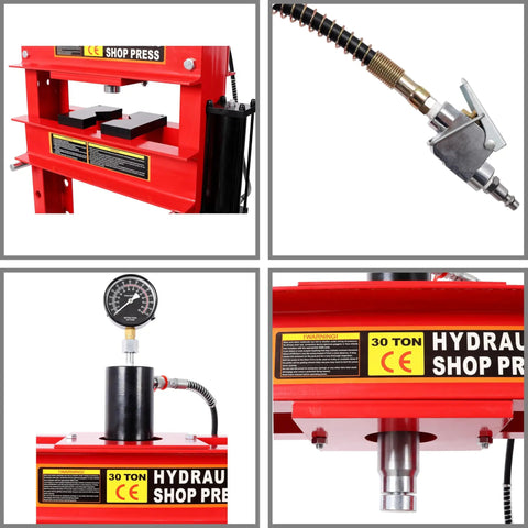 Heavy Duty 30 Ton Air Hydraulic Shop Press With Integrated Gauge showing parts and details, powder-coated red, used for metalworking.
