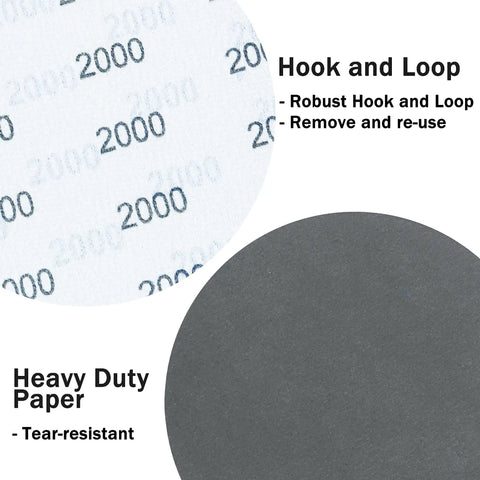 Close-up of 6 Inch Hook And Loop Sanding Discs Set With 24 Pcs Wet Dry Sandpaper Grit 2000 showing hook and loop backing and heavy-duty paper.