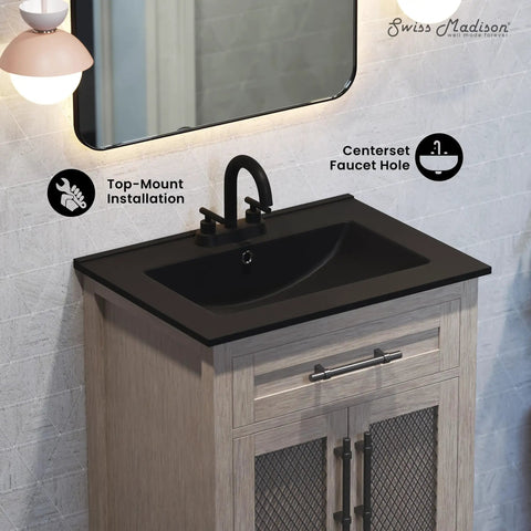 24 Inch Ceramic Vanity Top with Three Pre Drilled Holes in Matte Black for Top Mount Sinks, Scratch Resistant Non Porous Ceramic Surface
