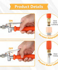 Hands adjusting nozzle and shut off valve on 29 Inch Stainless Steel Sprayer Wand With Adjustable Nozzle And Built In Shut Off Valve, Three Eighths Inch Hose Quick Connector And Clamp For Lawn And Garden Weed Busting And Spraying, Easy Watering And Spot Spraying