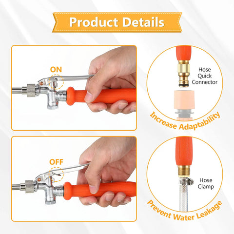 Hands adjusting nozzle and shut off valve on 29 Inch Stainless Steel Sprayer Wand With Adjustable Nozzle And Built In Shut Off Valve, Three Eighths Inch Hose Quick Connector And Clamp For Lawn And Garden Weed Busting And Spraying, Easy Watering And Spot Spraying
