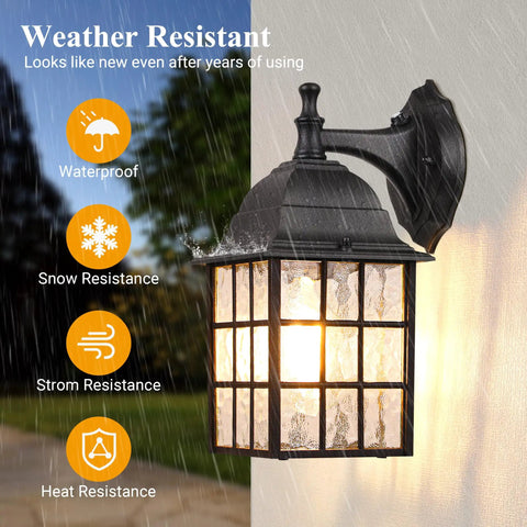 Dusk To Dawn Outdoor Wall Lights 2-Pack With Sensor Exterior Fixtures black waterproof sconce glowing in rain with resistance icons