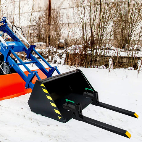 43 Inch Pallet Forks Clamp On for Tractor Bucket 1500 Lb Capacity Heavy Beefy Front Loader Attachment on snow-covered ground
