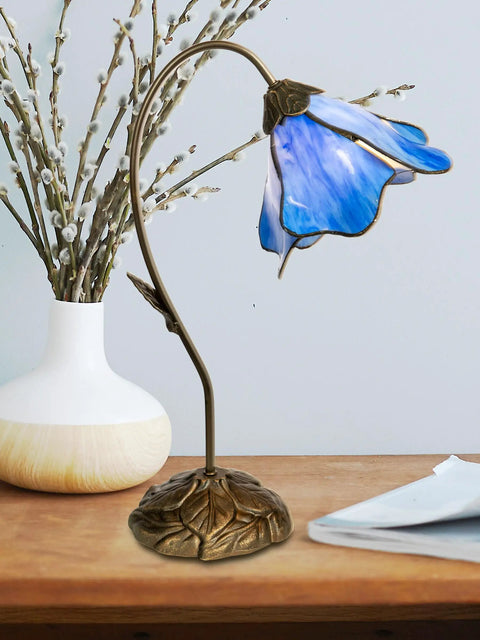 One Light Blue Lily Table Lamp With Dark Antique Bronze Finish, Gossamer Lily Blossom Five Panel Art Glass, 12 by 12 inch base.