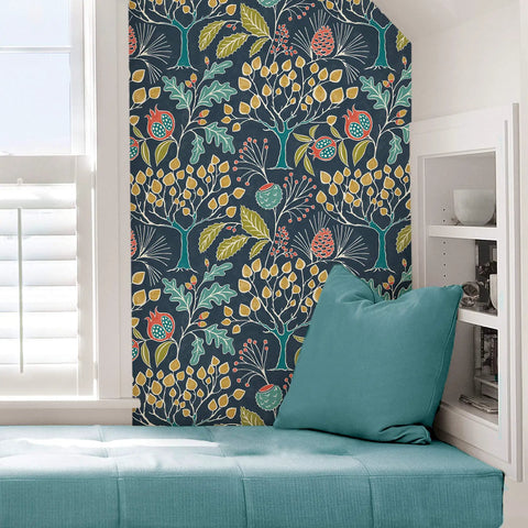 Groovy Garden Navy Peel And Stick Wallpaper For Walls Removable And Repositionable No Residue Easy To Install Vintage Woodland Pattern 20.5 Inch By 18 Feet Ideal For Rentals And DIY Decor