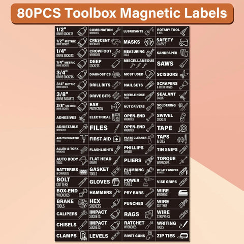 Magnetic Tool Box Labels With Icon 80 Pieces Pre Printed Drawer Markers Strong Magnet Tags for Steel Cabinets and Garage Organization