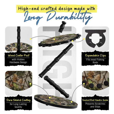 16 Rod Round Fishing Rod Holder For Garage With 360 Degree Access showcasing design features and camouflage finish