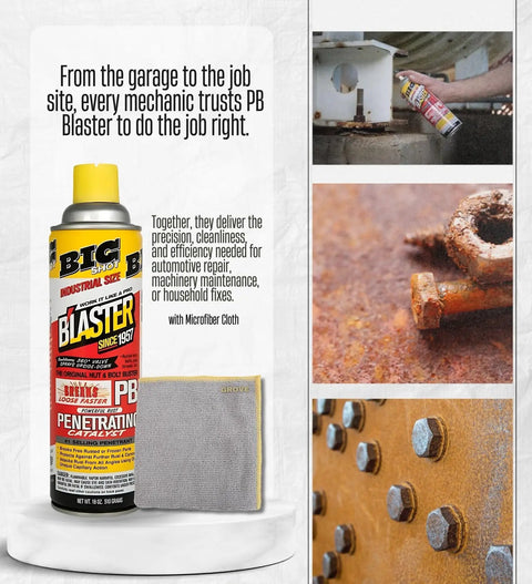 Penetrating Oil Spray Gift Set With Microfiber Cloth For Loosening Rusted Parts And Long-Lasting Lubrication Non-Evaporating Lube For Tools And Equipment Garage Must Have For Quick Fixes, showing spray can and cloth with rusted bolts example.