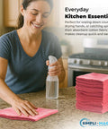 Woman using Premium Shop Towels 14x12 Inch Commercial Grade Red 150 Pack for Heavy Duty Cleaning on kitchen counter