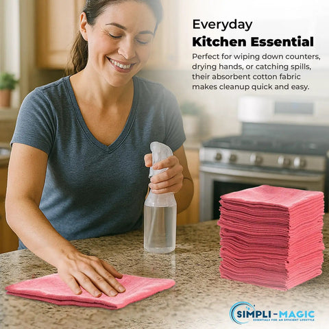 Woman using Premium Shop Towels 14x12 Inch Commercial Grade Red 150 Pack for Heavy Duty Cleaning on kitchen counter