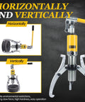 YL 30T 30 Ton Hydraulic Gear Puller Kit Beasts shown horizontally and vertically with reinforced pump and handle