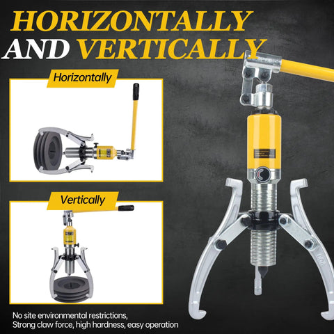 YL 30T 30 Ton Hydraulic Gear Puller Kit Beasts shown horizontally and vertically with reinforced pump and handle