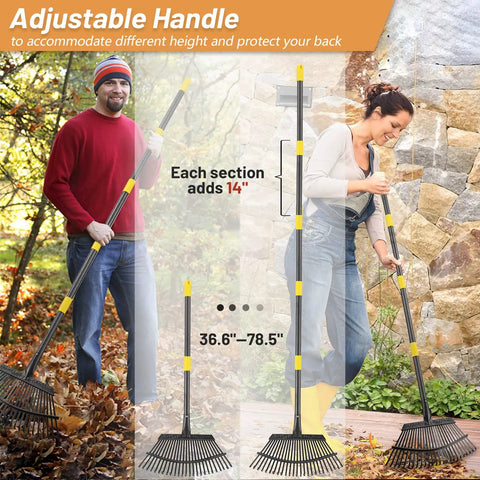 Heavy Duty Leaf Rake With 18 Inch Wide Head And 25 Metal Tines, Adjustable 36 To 78 Inch Handle, used in garden and yard