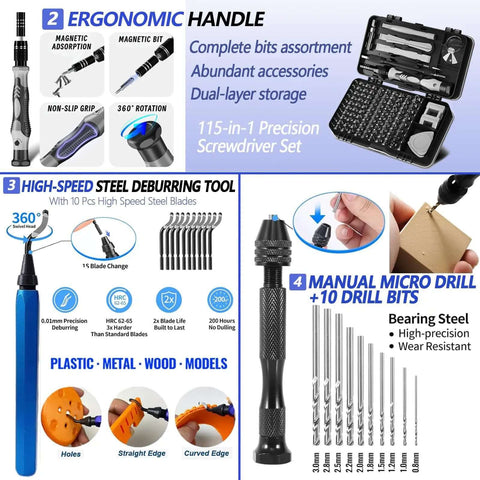Ergonomic handle and precision screwdriver set from All In One 262 PC 3D Printer Tool Set With Tool Bag For Removal Trimming Finishing Sanding Cleaning And Scraping Pro Grade Nozzle Cleaning Kit Plus Mini Electric Grinder For Full Process Modeling