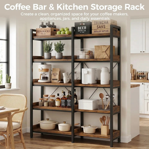 Five Tier Corner Bookshelf Sturdy Metal Frame 14 Inch Tall Shelves Plant Stand Storage Rack Vintage Brown with kitchen essentials.