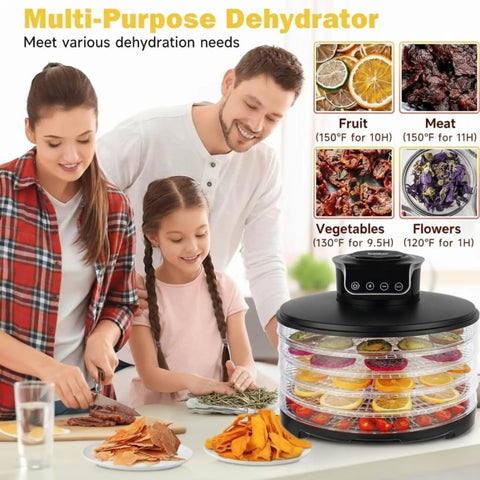 Killer Speed Food Dehydrator With Five Adjustable Bpa Free Trays in use, drying fruit chips and preparing jerky.