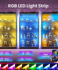 Four Tier Freestanding Glass Display Cabinet With Smart RGB LED Lighting And Handy App Control featuring colorful collectibles and LED effects.