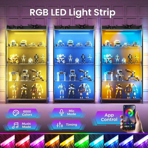 Four Tier Freestanding Glass Display Cabinet With Smart RGB LED Lighting And Handy App Control featuring colorful collectibles and LED effects.