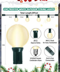 G40 frosted white outdoor string lights with bulb details, total length 25 ft, 25+2 bulbs, hooks for installation, E12 base
