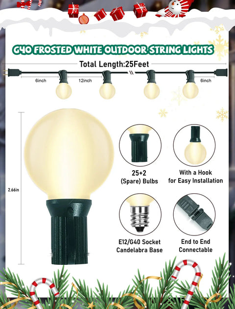 G40 frosted white outdoor string lights with bulb details, total length 25 ft, 25+2 bulbs, hooks for installation, E12 base
