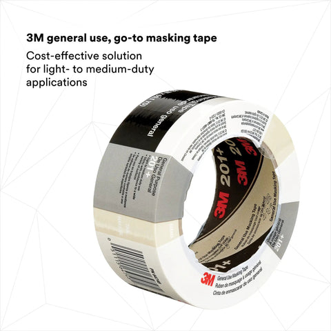 Roll of light duty general use masking tape tan crepe paper 1.42 in by 2.15 in with 4.4 mil adhesive easy tear multi surface grip