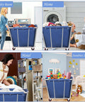 Straight Up Heavy Duty Stainless Steel Rolling Laundry Cart in laundry room with clothes and smooth glide wheels for storage.