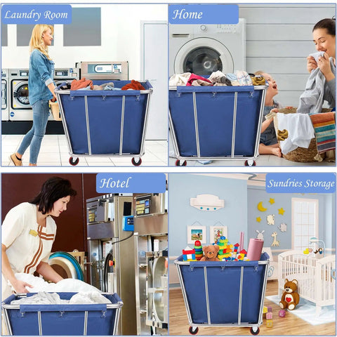 Straight Up Heavy Duty Stainless Steel Rolling Laundry Cart in laundry room with clothes and smooth glide wheels for storage.