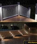 Solar Fence Lights 10 Pack With 30 Led Waterproof Stainless Steel Backyard Lamps illuminating deck and stairs in rain.
