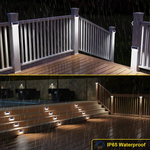 Solar Fence Lights 10 Pack With 30 Led Waterproof Stainless Steel Backyard Lamps illuminating deck and stairs in rain.
