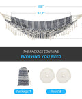 Two Person Indoor Garden Hammock With Tassels And Deluxe Macrame Fringe For Patio Porch Backyard Beach Outdoor And Indoor Cotton Fabric Portable Carry Bag Supports Up To 450 Pounds Blue White displayed with dimensions and included ropes.