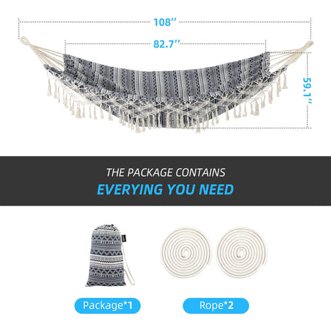 Two Person Indoor Garden Hammock With Tassels And Deluxe Macrame Fringe For Patio Porch Backyard Beach Outdoor And Indoor Cotton Fabric Portable Carry Bag Supports Up To 450 Pounds Blue White displayed with dimensions and included ropes.