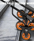 Close-up of durable climbing wheels on heavy duty stair climbing dolly with rolling tracks for easy appliance moving.