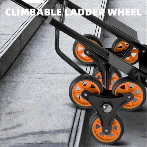 Close-up of durable climbing wheels on heavy duty stair climbing dolly with rolling tracks for easy appliance moving.