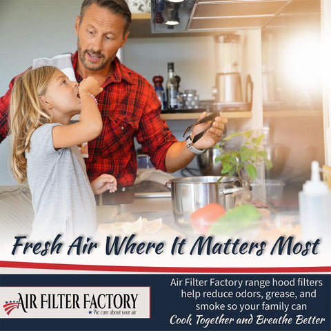 Father and daughter enjoying fresh air in kitchen next to range hood with Combo Range Hood Filter With Grease Mesh And Charcoal Carbon