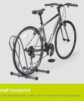 Rolling Bike Floor Stand For Mountain Fat Tire And Road Bikes with black road bike in garage setup