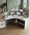 Tackle The Daily Grind With This Three Person Collaborative Office Workstation White Commercial Cubicle Desk featuring built in power outlets and privacy panels.