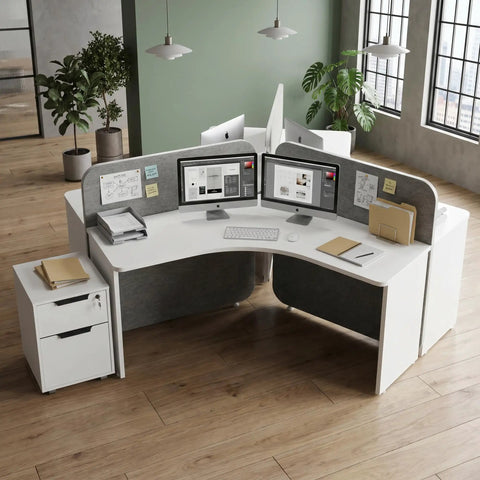 Tackle The Daily Grind With This Three Person Collaborative Office Workstation White Commercial Cubicle Desk featuring built in power outlets and privacy panels.